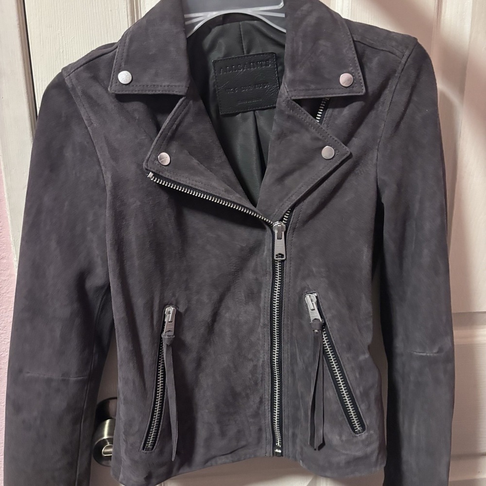 WOMENS ALLSAINTS BIKER JACKET SUEDE DALBY SLATE GREY SIZE 2 motto style - Picture 2 of 5